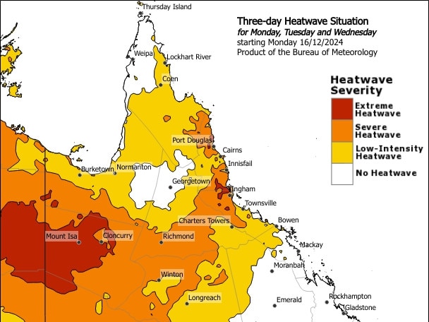 The Bureau of Meteorology’s three-day heatwave warning for Queensland, with the North-West and Hinchinbrook in the firing line for extreme conditions. Picture: BOM