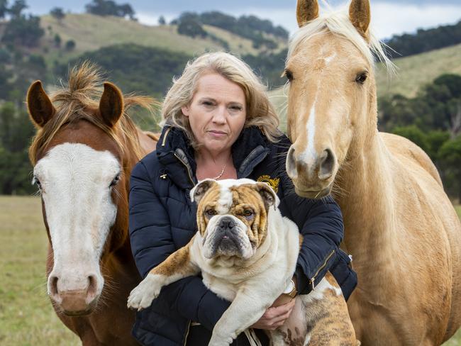 NEWS: KILMORE VET CLOSUREShelly Biancon is a KIlmore local affected by the town's small animal vet closure. PICTURED: Shelly Biancon with her animals. Horses L-R Marty and Diva and British bulldog Patrick.PHOTOGRAPHER: ZOE PHILLIPS