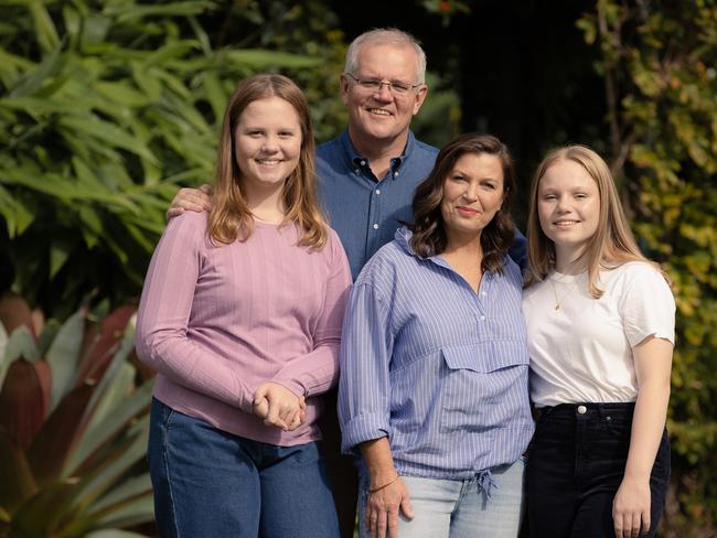 Prime Minister Scott Morrison with wife Jenny and children Abbey and Lily at Kirribilli House. Sydney NSW. Picture: Jason Edwards