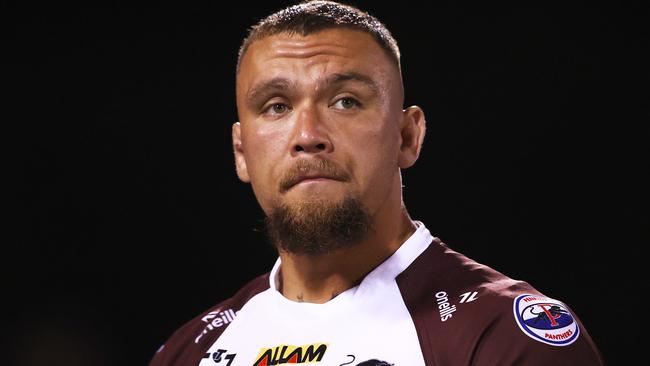 PENRITH, AUSTRALIA - SEPTEMBER 07:  James Fisher-Harris of the Panthers looks on during the round 27 NRL match between Penrith Panthers and Gold Coast Titans at BlueBet Stadium on September 07, 2024, in Penrith, Australia. (Photo by Matt Blyth/Getty Images)