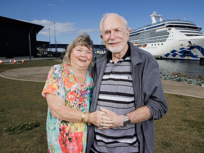 Cruisers Jessica and Marty Ansen at Brisbane Cruise Terminal on Tuesday where they are halfway through their two-year journey on-board Coral Princess. Picture: Lachie Millard