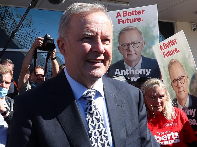 Labor Leader Anthony Albanese visits a pre-polling booth in the suburb of Wanneroo, on Monday. Picture: Lisa Maree Williams/Getty Images