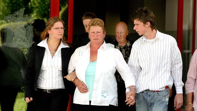 Juliana Chapman leaving Victorian Coroners court with her daughter and son.