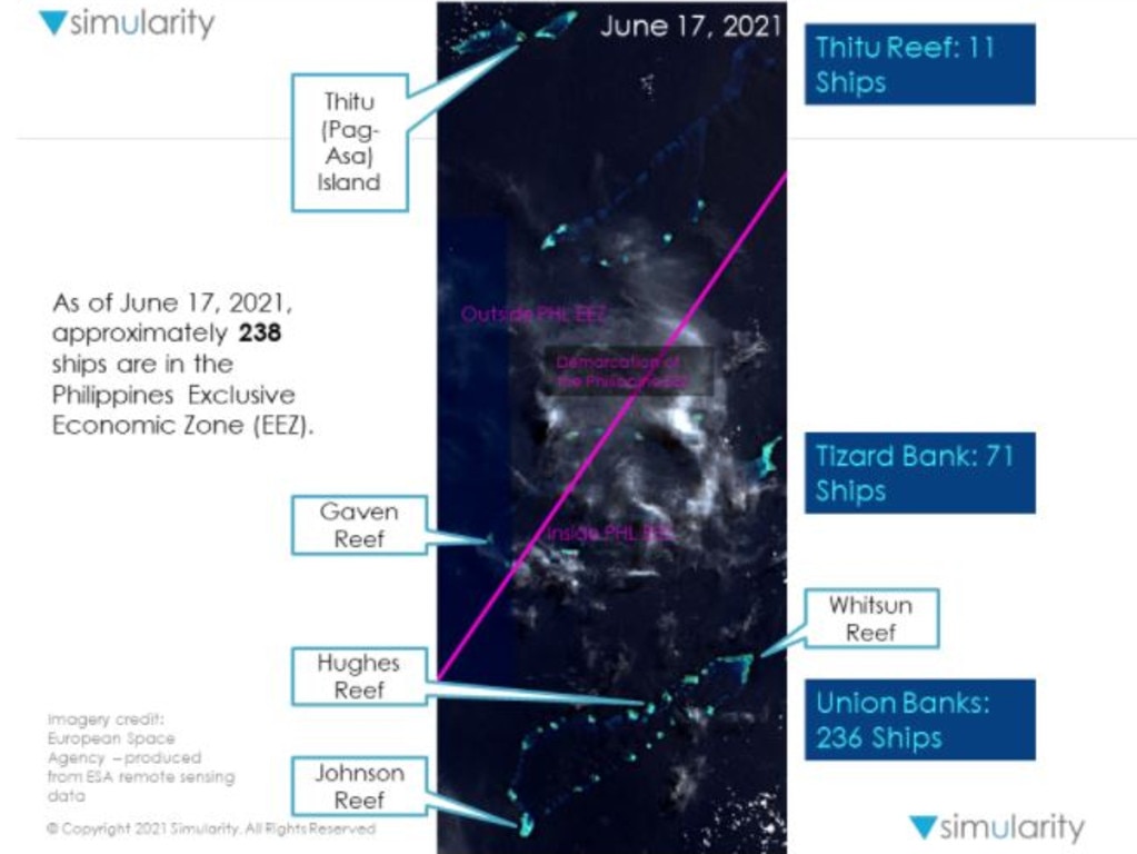 As of June 17 2021 there are 238 ships in the Philippines Exclusive Economic Zone (EEZ). Picture: Simularity