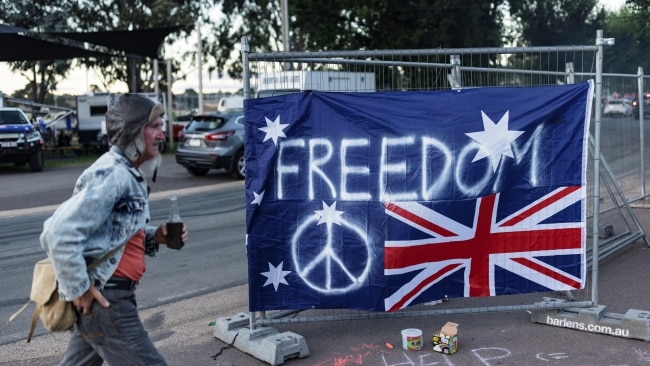 "Pro choice", "freedom", "we the people say no", "no vax passport" and save the kids were just some of the posters spotted among the frustrated crowd. Picture: Brook Mitchell/Getty Images