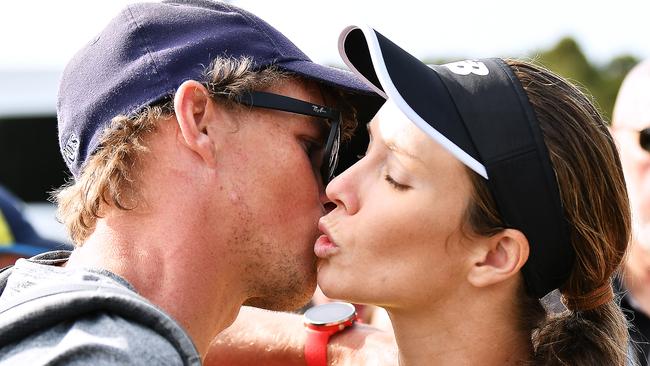 ADELAIDE, AUSTRALIA - JANUARY 16: Danielle Collins of the USA is kissed after her win over Belinda Bencic of Switzerland during day five of the 2020 Adelaide International at Memorial Drive on January 16, 2020 in Adelaide, Australia. (Photo by Mark Brake/Getty Images)