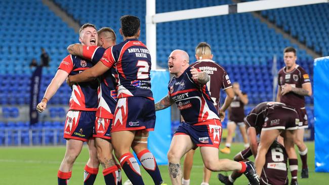 17th October 2020, Runaway Bay celebrates winning the Gold Coast Rugby League A-Grade Grand Final against the Burleigh Bears played at CBus Stadium Photo: Scott Powick Newscorp
