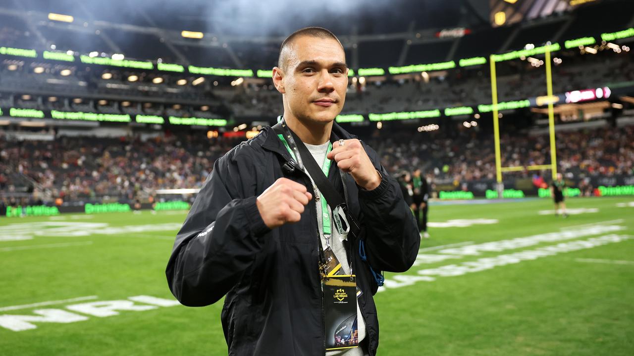 LAS VEGAS, NEVADA – MARCH 02: Australian light middleweight boxer Tim Tszyu poses on field before the round one NRL match between Manly Sea Eagles and South Sydney Rabbitohs at Allegiant Stadium, on March 02, 2024, in Las Vegas, Nevada. (Photo by Ezra Shaw/Getty Images)