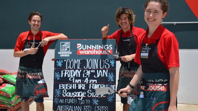 Kingaroy Bunnings team members Mitch Nuske, David Rankin and Izzy Tomkins assisting the bushfire efforts with a sausage sizzle fundraiser pre-coronavirus. File Photo.