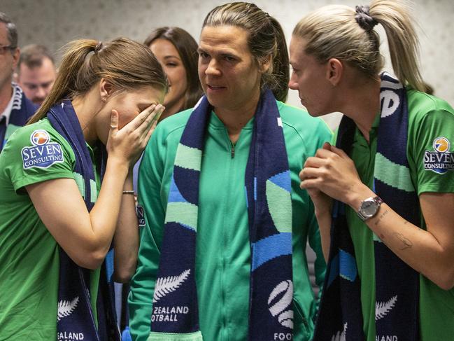 Lydia Williams with Steph Catley and Alanna Kennedy waiting for FIFA’s 2020 announcement of Australia as hosts of the 2023 Women's World Cup. Picture: Jenny Evans/Getty Images