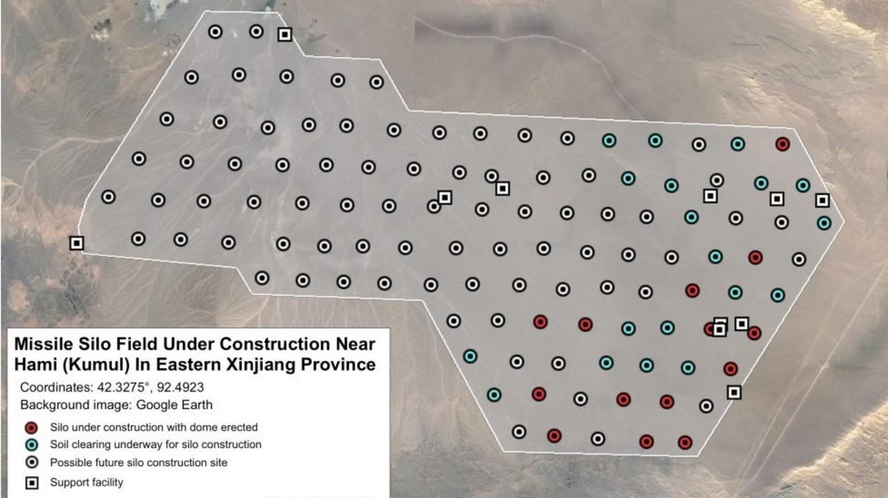 The Hami missile silo field covers an area of about 800 square kilometres and is in the early phases of construction.