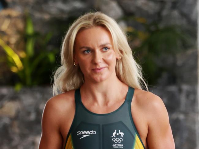 Speedo, the Australian Olympic Committee and Paralympics Australia reveal the Australian aquatic uniforms for the Paris 2024 Olympic Games in Brisbane.Ariarne Titmus was all smiles.Picture: Nigel Hallett