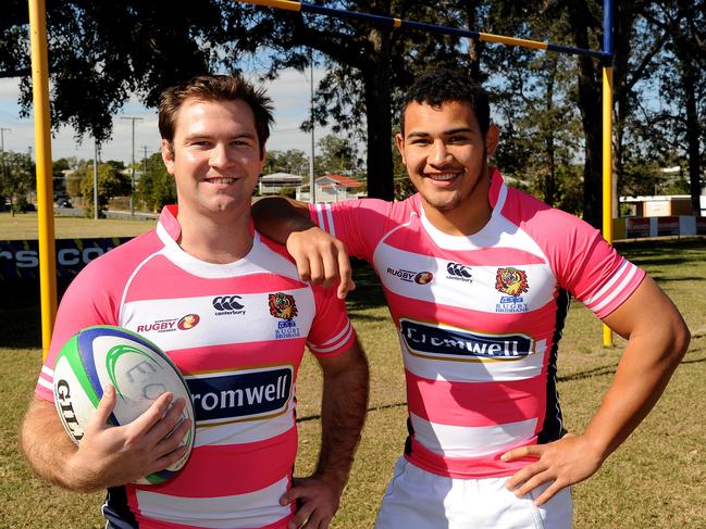 Former Easts Rugby Union Club players Matt Brandon and Jonah Placid in 2014. Picture: Peter Cronin