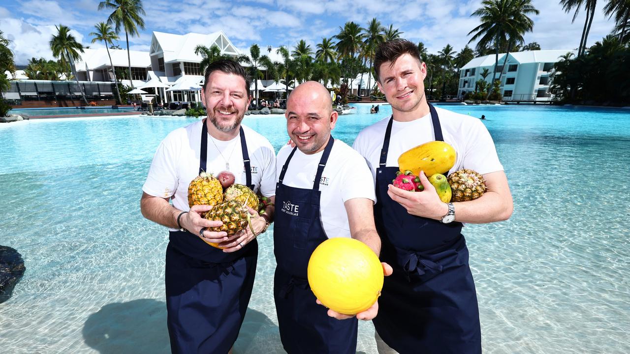 Far North Queensland's favourite foodie festival is on again this weekend, when Taste Port Douglas brings the best chefs from across Australia and the Asia Pacific to the coastal town. TV presenter and chef Manu Feildel, Adam D'Sylva of Decca restaurant Melbourne and Max Sharad of Fugazzi and Nido restaurants in Adelaide are ready to put a tropical twist to their culinary skills at this year's Taste Port Douglas. Picture: Brendan Radke