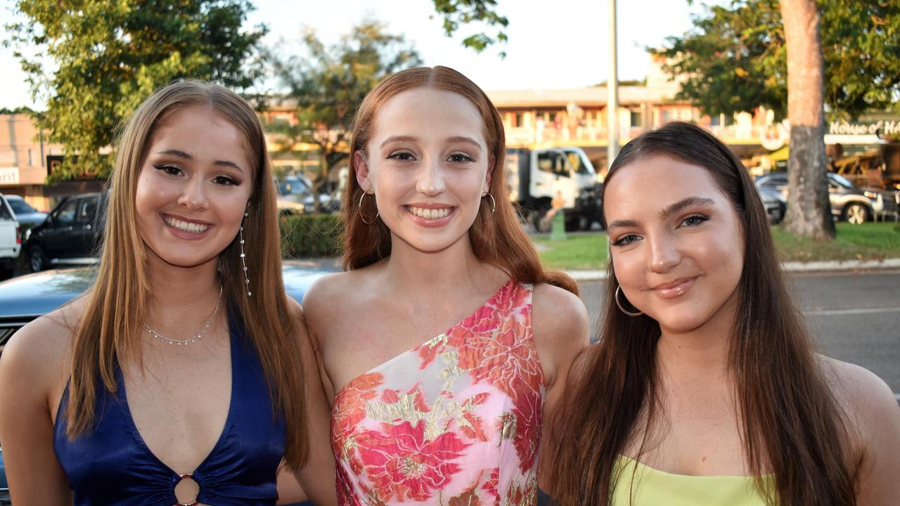 Molly Toigo, Sarah Buckman and Bridie Abenzi. Photographs from the Ingham State High School Year 12 Valedictory Dinner at the Hinchinbrook Shire Council Hall on Thursday evening. Picture: Cameron Bates