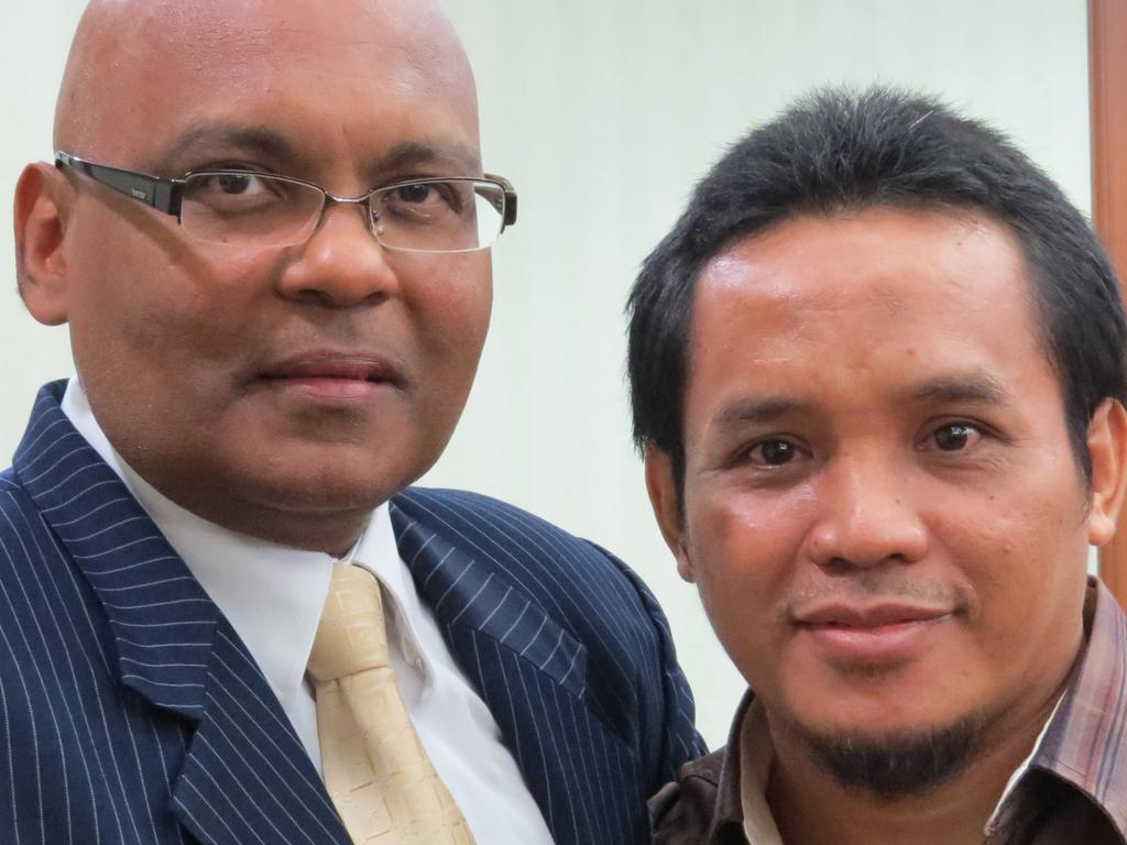 Counter terror expert Rohan Gunaratna interviewing Bali bomber Ali Imron in Jakarta's police headquarters for a research documentary on deradicalisation. Picture: Supplied