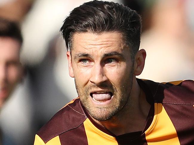 ADELAIDE, AUSTRALIA - APRIL 16: Tom Green of the Giants and Chad Wingard of the Hawks during the 2023 AFL Round 05 match between the GWS Giants and the Hawthorn Hawks at Norwood Oval on April 16, 2023 in Adelaide, Australia. (Photo by Sarah Reed/AFL Photos via Getty Images)