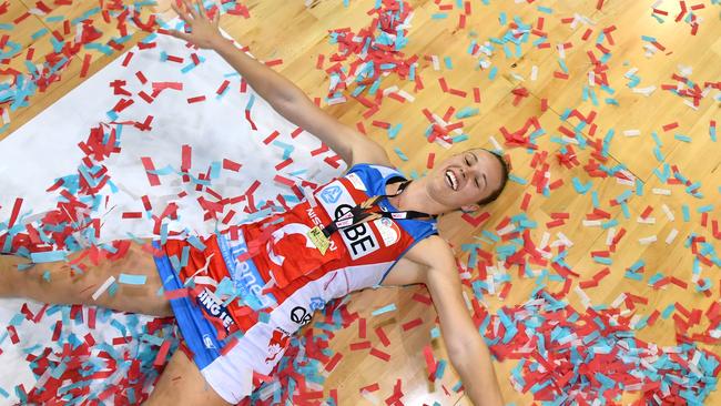 Paige Hadley of the Swifts celebrates winning the Super Netball Grand Final match between the Sunshine Coast Lightning and Swifts last year.