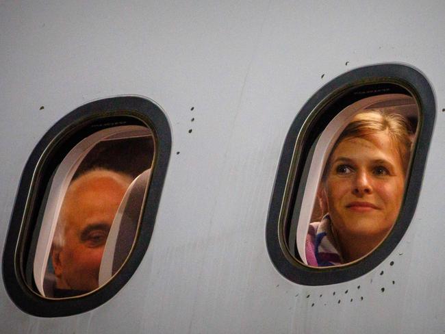 Australian ultra marathon competitor Jacqui Bell is seen on a French Government flight arriving from Noumea at Brisbane International Airport. Picture: AFP