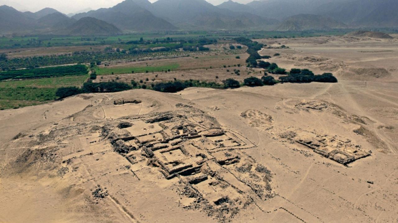 The ruined pyramid and surrounding development was found at the Chupacigarro archaeological site. Picture: Jam Press/Caral Archaeological Zone