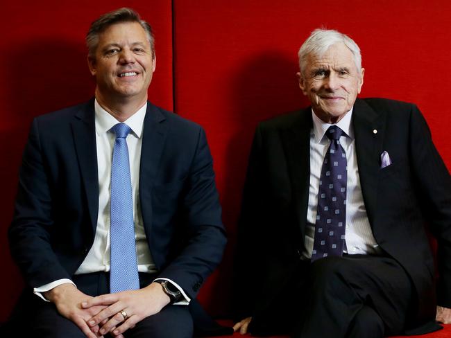 (L to R) New Seven CEO James Warburton pictured with Seven West media boss Kerry Stokes in Sydney on Friday, 16th August 2019. picture Nikki Short