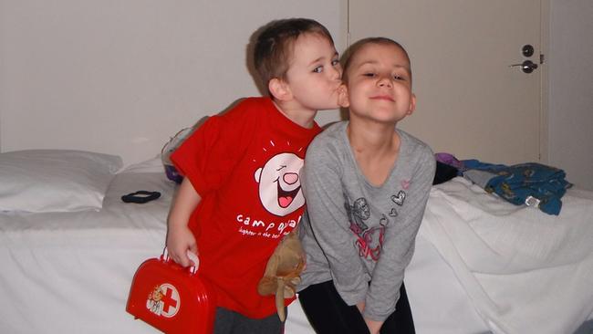 Chelsea George’s brother Bailey has twice donated bone marrow cells to his sister in her battle with leukaemia. He is pictured here on her first admission to hospital in 2012 for her first bone marrow transplant. Picture: Melony George