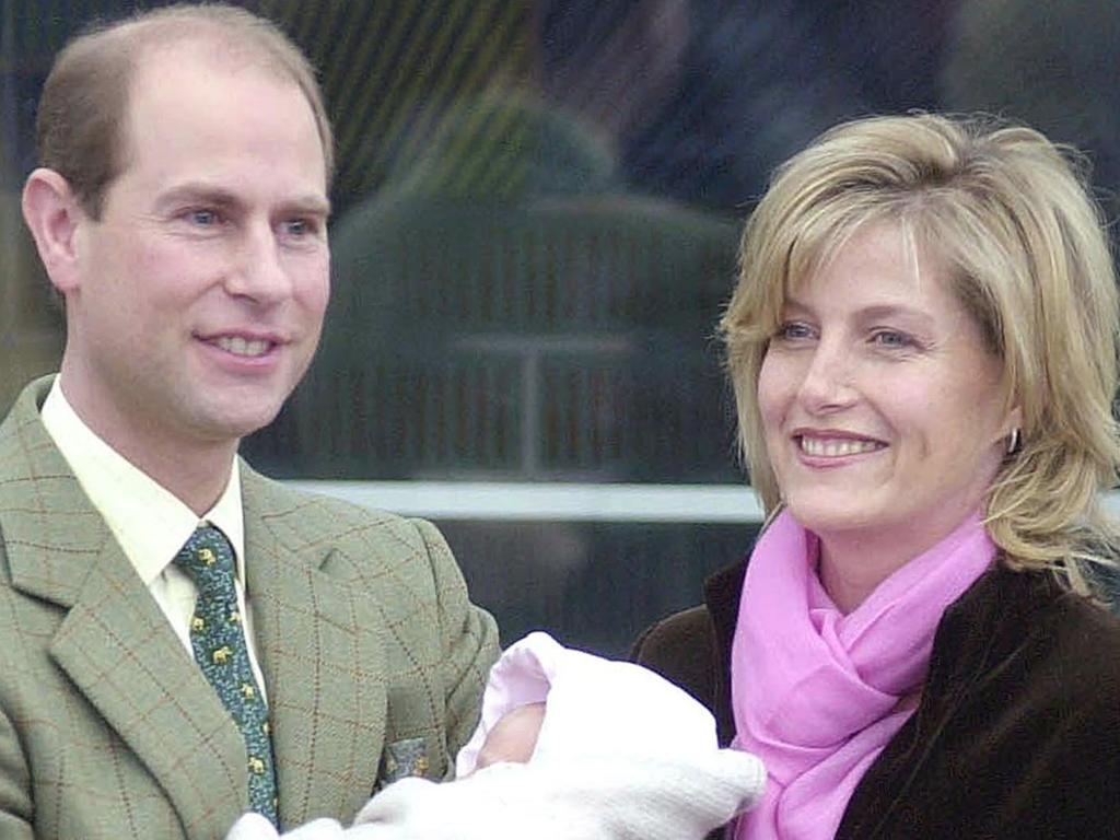 Britain's Prince Edward with Sophie, Countess of Wessex, as they leave Frimley Park Hospital with their newborn daughter in 2003.