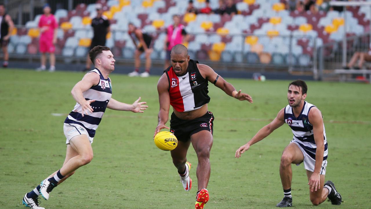 Saints' Timakoi Bowie kicks a goal in the AFL Cairns seniors semi final match between the Cairns Saints and the Port Douglas Crocs, held at Cazalys Stadium, Manunda. Picture: Brendan Radke