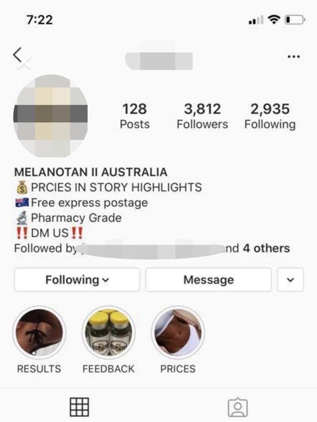 Popular accounts selling Melanotan II in Australia via social media. Picture: Supplied.