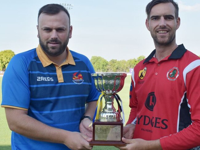 Darwin captain Connor Hawkins and Southern Districts skipper Matt Hammond with the 50-over trophy. Picture: NT Cricket.