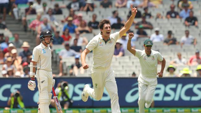 MELBOURNE, AUSTRALIA - DECEMBER 28: Pat Cummins of Australia celebrates after dismissing Tom Latham of New Zealand during day three of the Second Test match in the series between Australia and New Zealand at Melbourne Cricket Ground on December 28, 2019 in Melbourne, Australia. (Photo by Mike Owen/Getty Images)