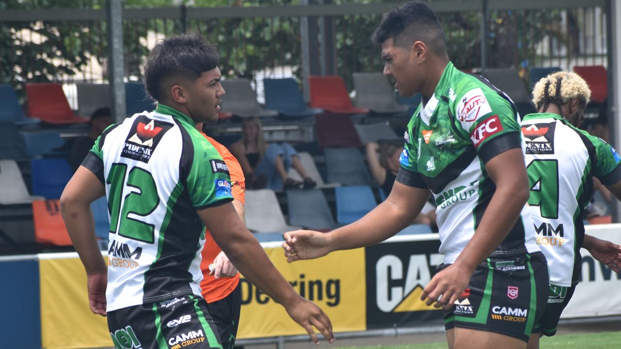 Townsville Blackhawks under-17s Taakoi Benioni and Quentin Ofahulu at the CQ Capras versus Townsville Blackhawks underage games, Browne Park, Rockhampton, on February 17, 2024.