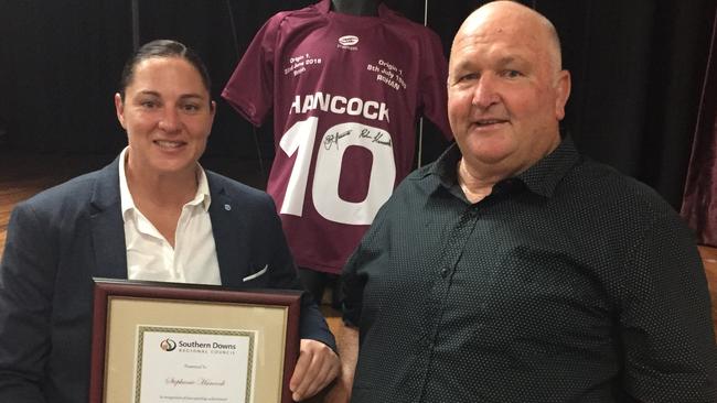 Australian rugby league representative Steph Hancock with her father and former Kangaroo Rohan Hancock at the Allora Sports Museum 20th anniversary celebrations.