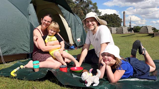 Jeremy and Louise Clines with children Nathaniel and Esther at Cockatoo Island. Picture: James Croucher