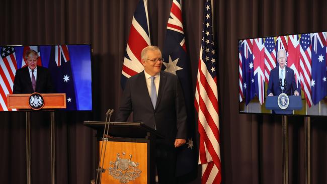 Australian Prime Minister Scott Morrison, President of the United States Joe Biden and the Prime Minister of the United Kingdom Boris Johnson formed the AUKUS alliance last September. Picture: Newswire/Gary Ramage