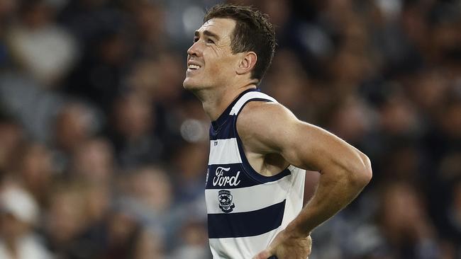 MELBOURNE, AUSTRALIA - MARCH 23: Jeremy Cameron of the Cats reacts after kicking a goal during the round two AFL match between Carlton Blues and Geelong Cats at Melbourne Cricket Ground, on March 23, 2023, in Melbourne, Australia. (Photo by Daniel Pockett/Getty Images)