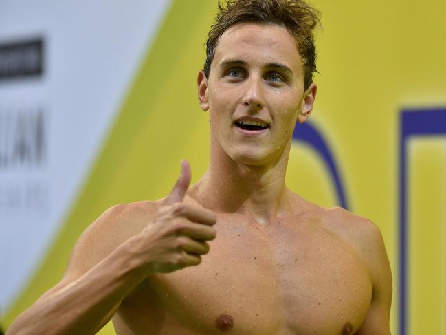 Cameron McEvoy gestures after the men's 4x100m freestyle relay final on the final day of the 2016 Australian Olympic swimming trials in Adelaide on April 14, 2016. / AFP PHOTO / David Mariuz / IMAGE STRICTLY FOR EDITORIAL USE - STRICTLY NO COMMERCIAL USE