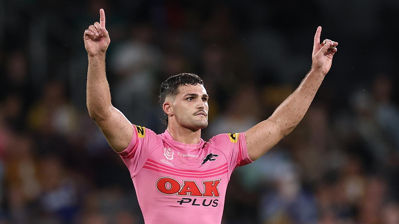 Nathan Cleary of the Panthers celebrates kicking a two-point field goal during the round four NRL match between the Parramatta Eels and Penrith Panthers.