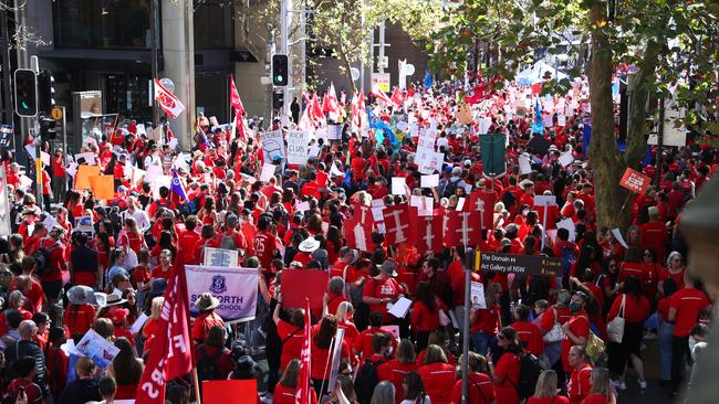 Teachers on strike meet at Hyde Park then March onto Parliament House for speeches. Picture: John Grainger