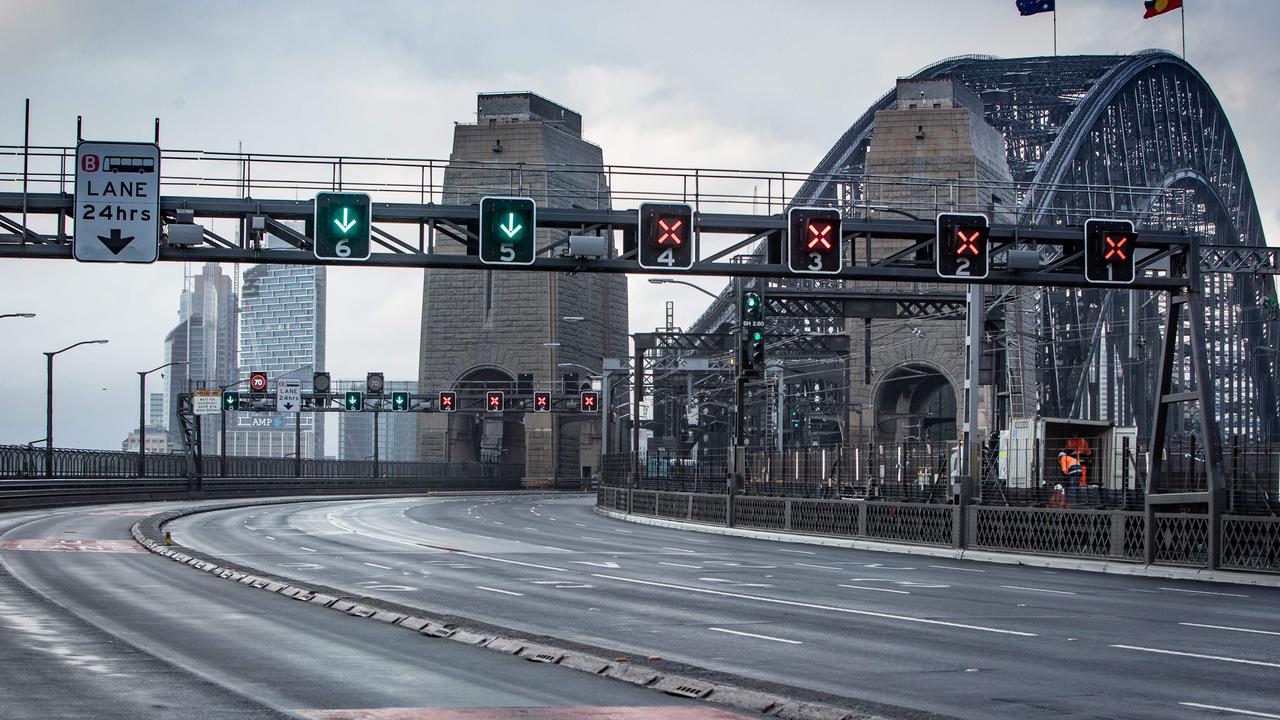 Empty roads on the northern side of The Sydney Harbour Bridge as Sydney residents comply with the Covid lockdown in NSW. Picture: Julian Andrews