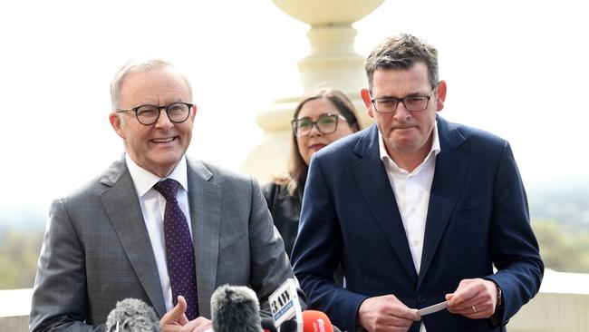 Anthony Albanese and Victorian Premier Daniel Andrews make a housing announcement at Melbourne’s Royal Exhibition Building on Tuesday. Picture: NCA NewsWire / Nicki Connolly