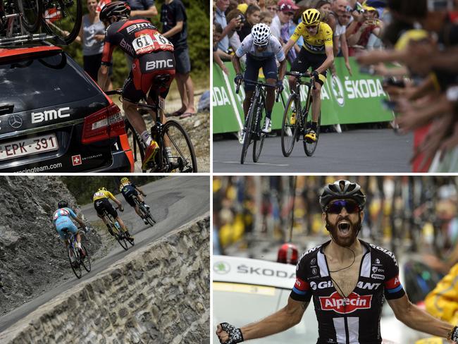 A combination of pictures shows (From top — L) USA's Tejay Van Garderen riding next to his team car behind the pack; Colombia's Nairo Quintana (L), wearing the best young's white jersey, riding ahead of Great Britain's Christopher Froome, wearing the overall leader's yellow jersey, near the finish line ; (From L) Colombia's Nairo Quintana, wearing the best young's white jersey, Italy's Vincenzo Nibali, Great Britain's Christopher Froome, wearing the overall leader's yellow jersey and Spain's Alejandro Valverde riding; and Germany's Simon Geschke crossing the finish line.