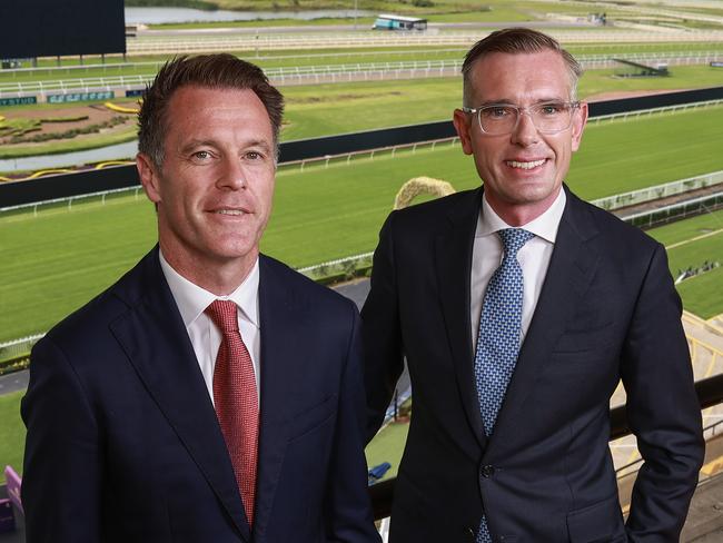 Daily Telegraph. 02, March, 2023.Labor leader Chris Minns and NSW Premier, Dominic Perrottet, at The Daily Telegraph's Future Western Sydney 2023 lunch, at Rosehill Gardens, today.Picture: Justin Lloyd.