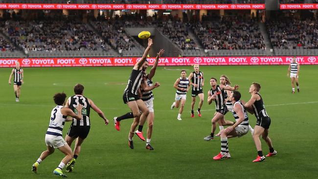 Collingwood ruckman Brodie Grundy gives the Magpies a flying start against Geelong. Picture: Getty Images