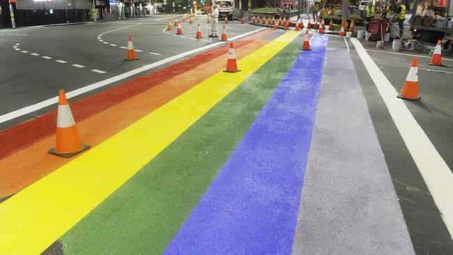 “Rainbow” predestrian crossings, like this one across Oxford St in Darlinghurst's Taylor Square, could be created around Manly. Picture: Chris McKeen