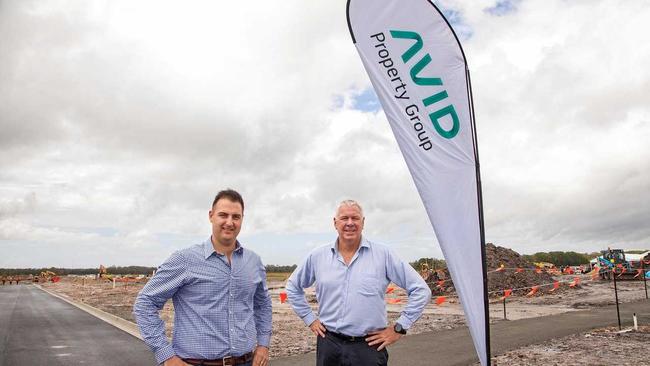 AVID Property Group's Harmony development manager Anthony Demiris and general manager Qld Bruce Harper on site at Palmview earlier this year. Mr Harper has vowed the opening stage will be complete by month's end. Picture: Gary Mills