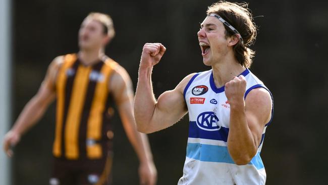 Bailey Taylor-Egan celebrates a goal for Kilmore. Picture: Nathan McNeill