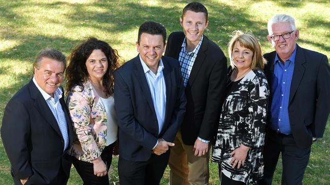 Nick Xenophon with team members Frank Pangallo, Connie Bonaros, Andrea Madeley, Sam Johnson and Peter Vincent. Picture: Tom Huntley