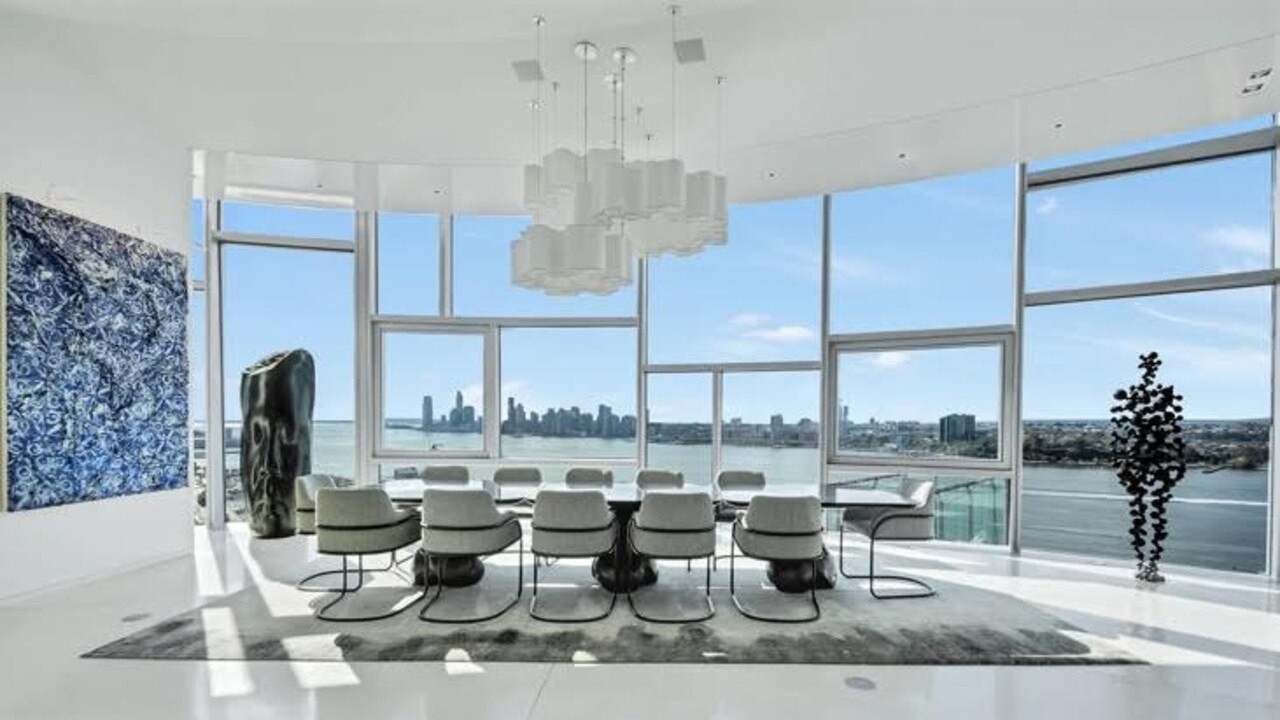 The dining room of Jackman’s glamorous penthouse purchased in 2022. Picture: Tina Gallo Photography