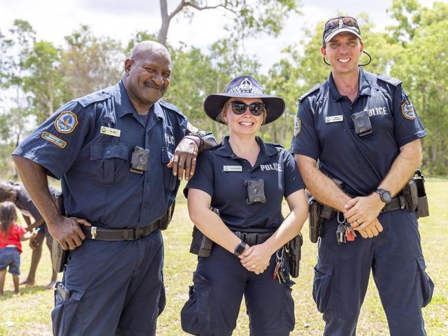 Sen Acpo Manuel Niki, constable Tania Boiteau and sergeant Mark Carrington in Gapuwiyak NT. Picture: Floss Adams.